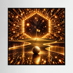 The Golden Passage – arte golfistica contemporanea, portale geometrico dorato luminoso e pallina da golf