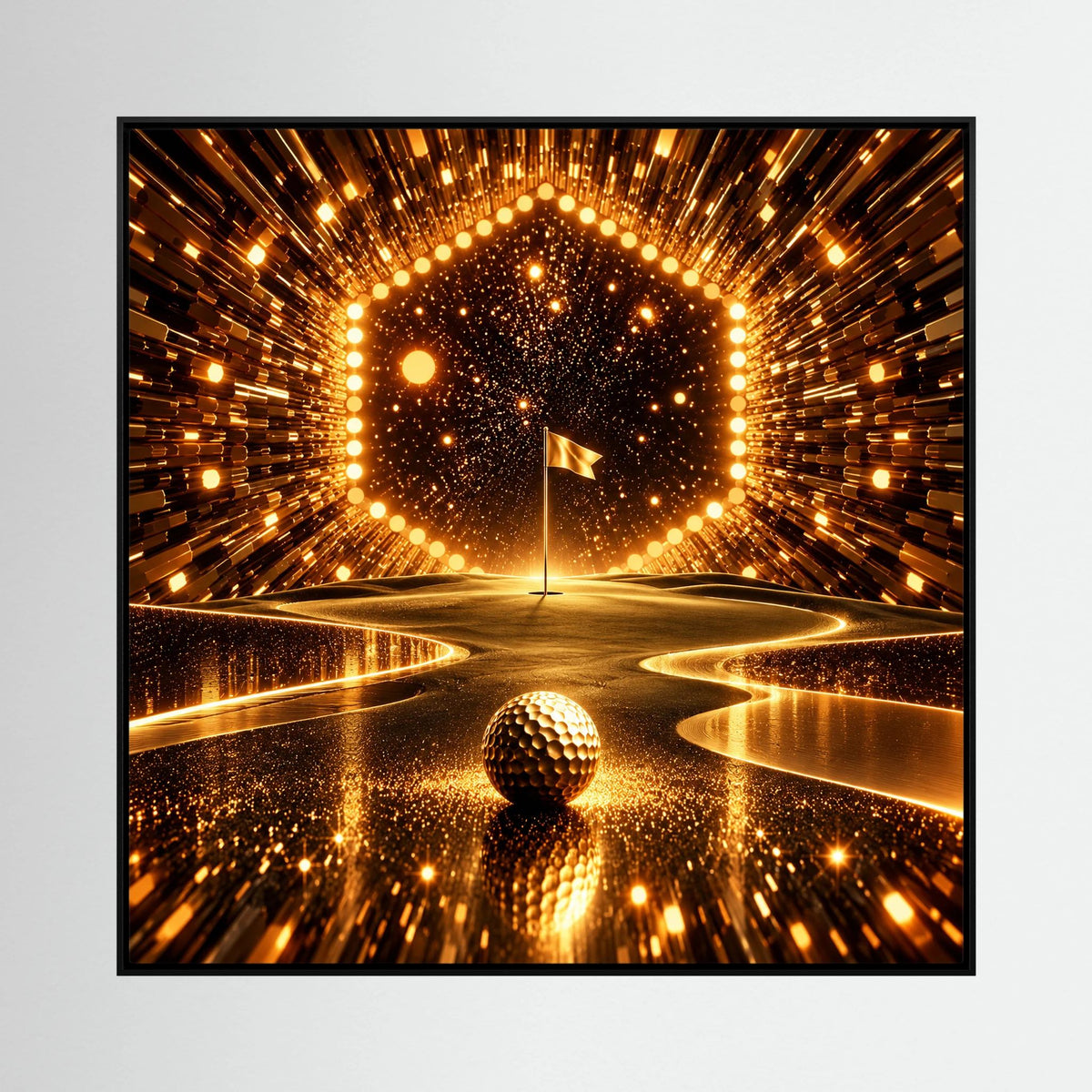 The Golden Passage contemporary golf art with a glowing gold geometric portal and golf ball