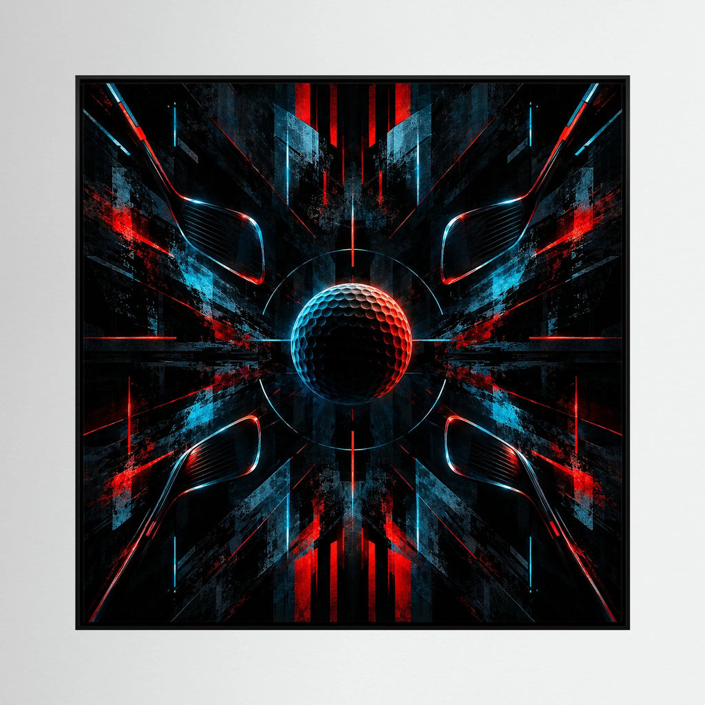 Symmetry of the Game abstract golf ball art with mirrored black, blue and red geometric forms