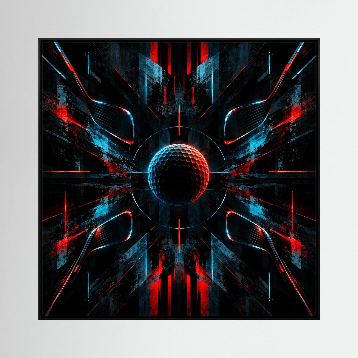 Symmetry of the Game abstract golf ball art with mirrored black, blue and red geometric forms