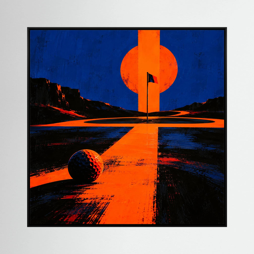 Twilight Approach modern golf wall art with vivid orange golfer form against deep blue course