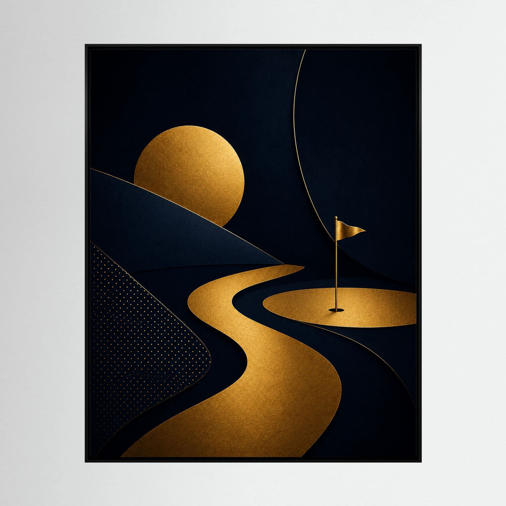 Golden Ribbon modern golf art with a sweeping gold fairway line across a dark minimalist background
