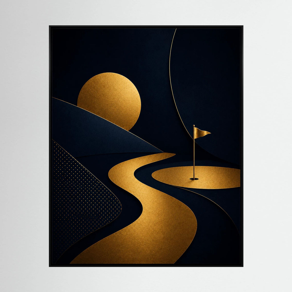 Golden Ribbon modern golf art with a sweeping gold fairway line across a dark minimalist background
