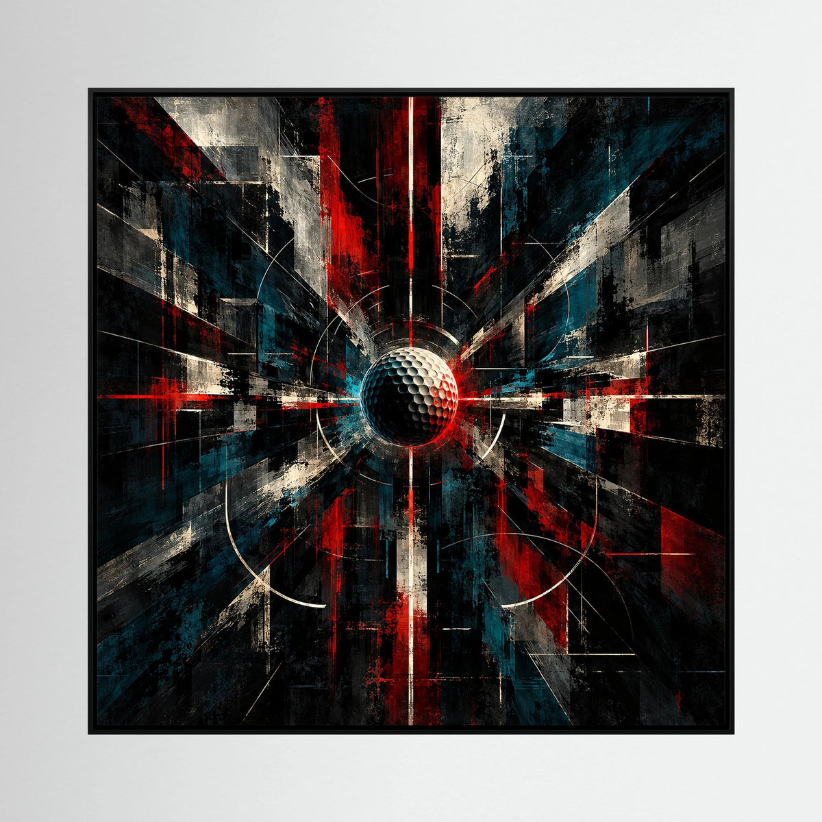 Cybernetic Core modern golf art with a mechanical golf ball, dark metal and red energy details
