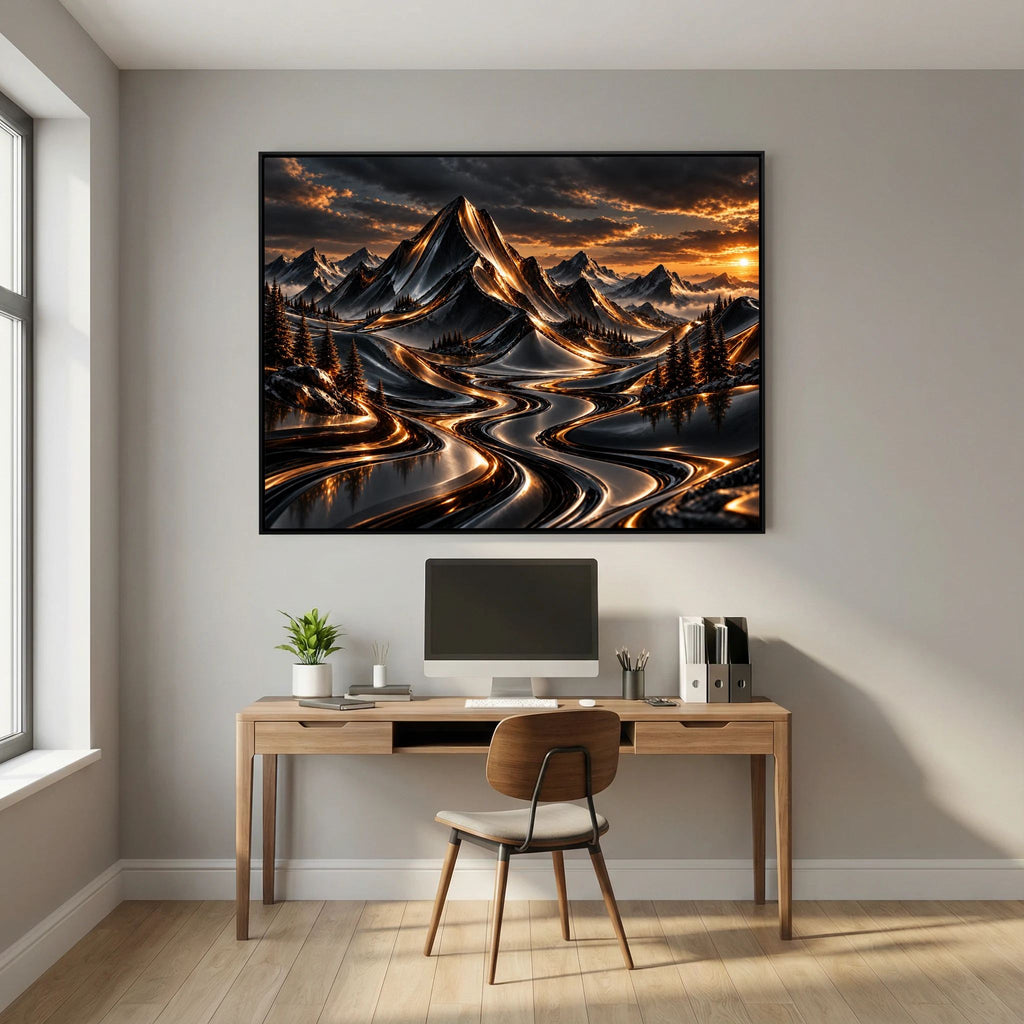 Golden Descent – Mountain Sunset Painting.