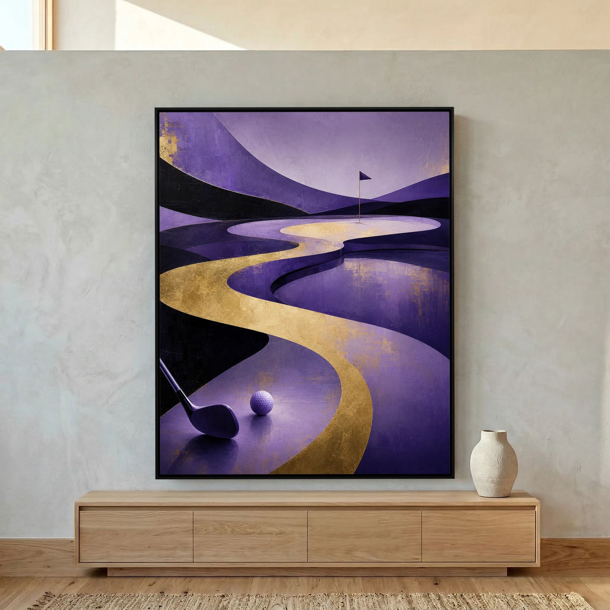 Royal Fairway surreal golf art framed canvas in dark oak frame
