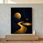 Golden Ribbon – arte golfistica moderna, tela con cornice nera