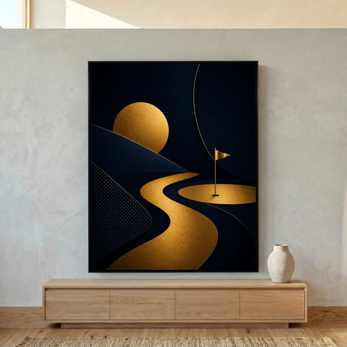 Golden Ribbon modern golf art framed canvas in black frame