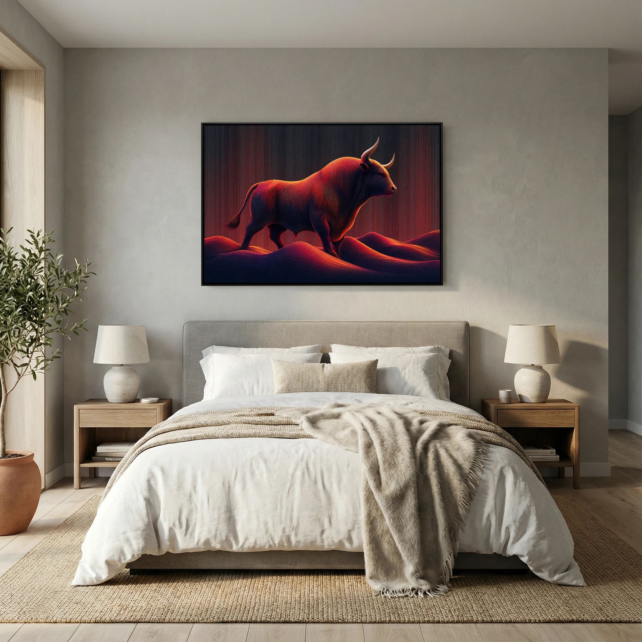 Neon Linework Bull in Flowing Landscape