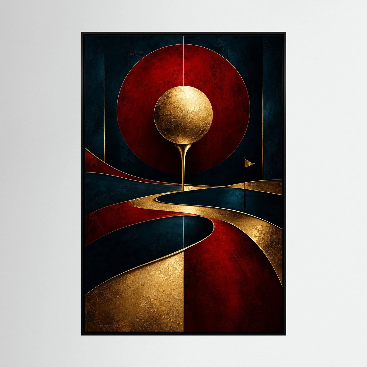 Crimson Tee luxury golf art with a golden golf orb against deep crimson and black