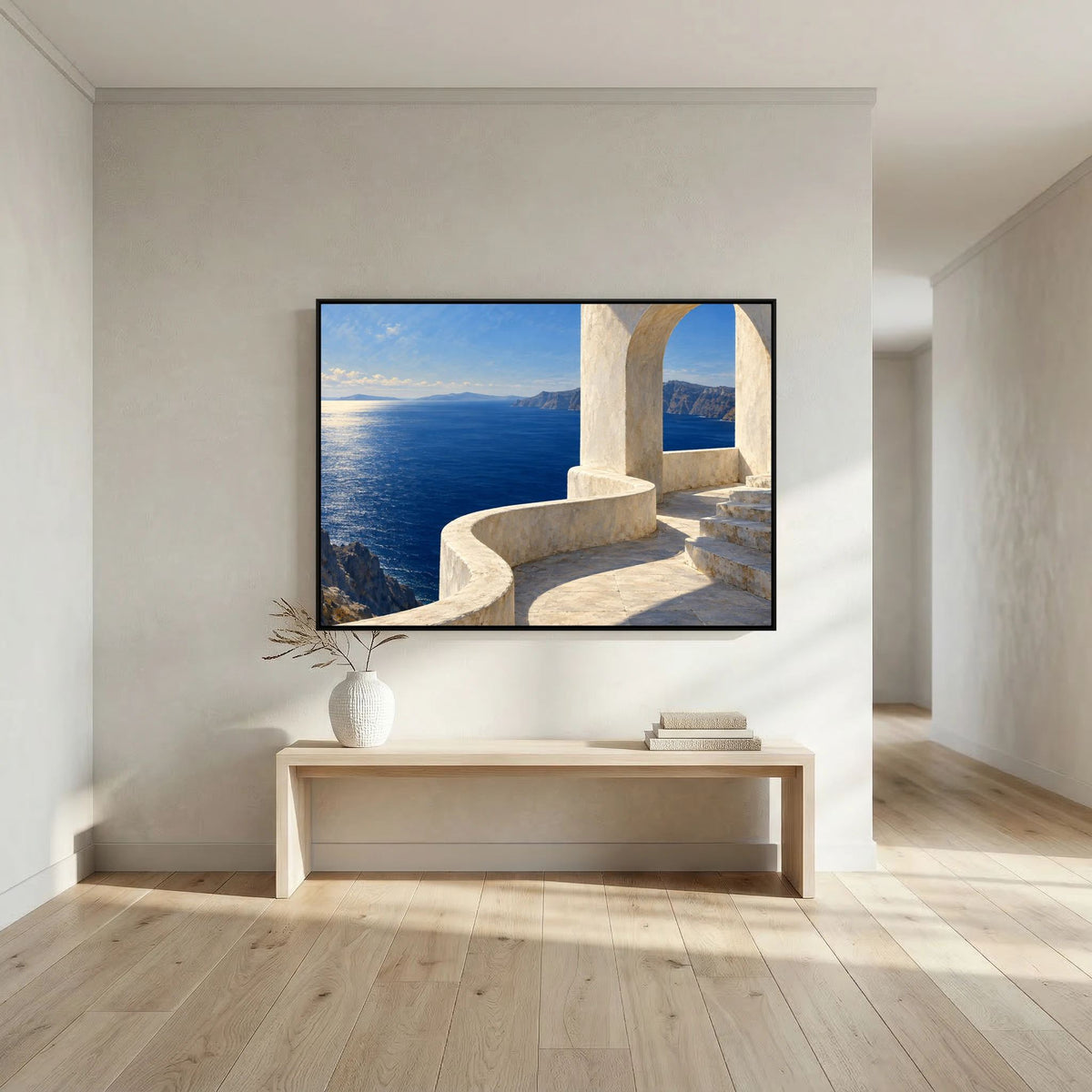 The Sea Terrace — Elfenbeinfarbener Steinbogen und sonnige Terrasse über kobaltblauem Meer