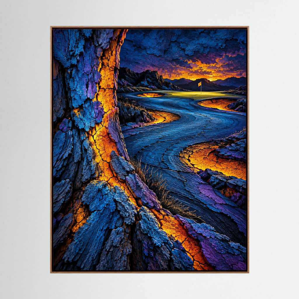 Electric Fracture abstract golf wall art with cracked blue and orange lines through dark course forms