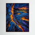 Electric Fracture abstract golf wall art with cracked blue and orange lines through dark course forms