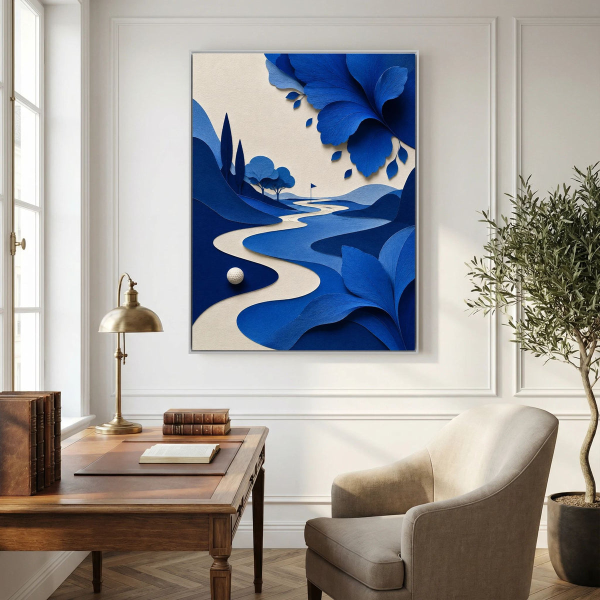 Blue Cut Fairway contemporary golf art framed canvas in white frame