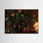 Paradise After Dark — Bird-of-paradise flowers and lush plants beside a glowing lamp, canvas wall art