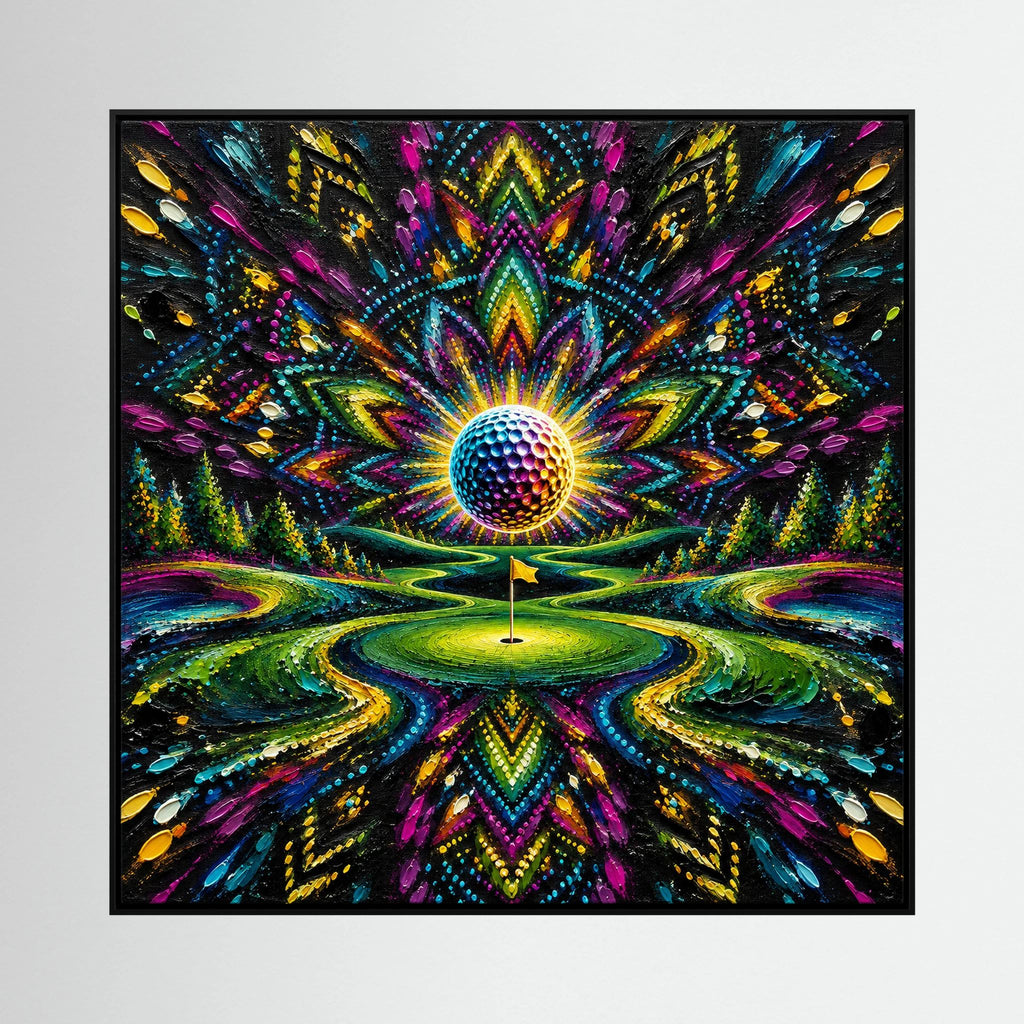 Radiant Links psychedelic golf art with a colorful golf-inspired mandala in green, blue, red and gold