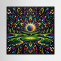 Radiant Links psychedelic golf art with a colorful golf-inspired mandala in green, blue, red and gold