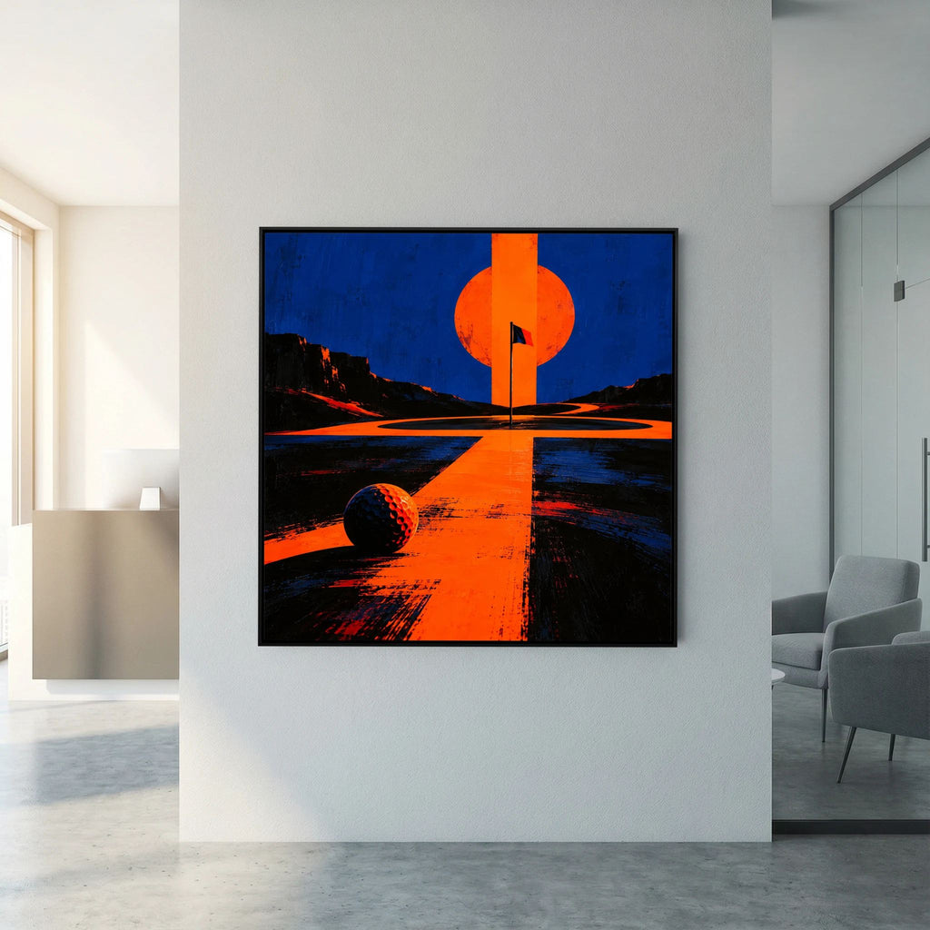 Twilight Approach modern golf wall art framed canvas in black frame