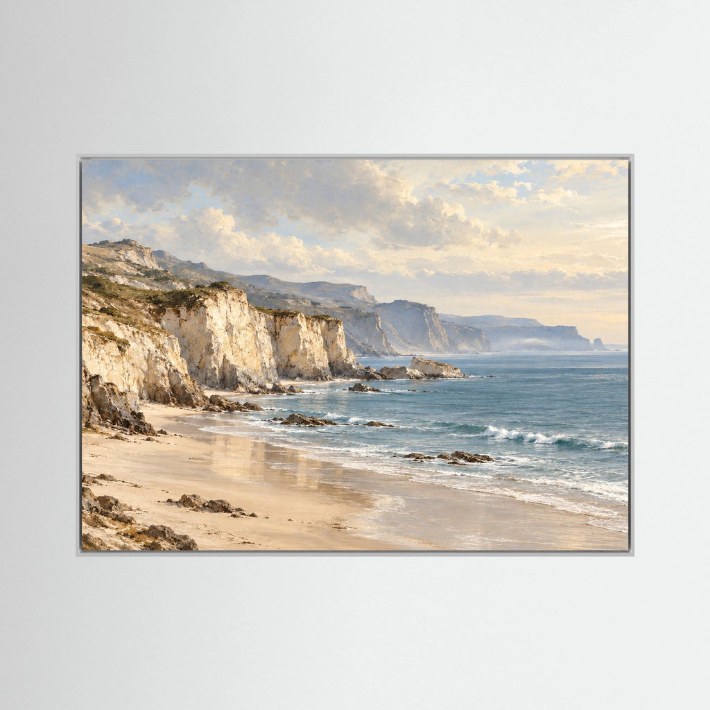Neutral Coastal — Helle Küstenklippen über einem Sandstrand und sanft blauem Meer