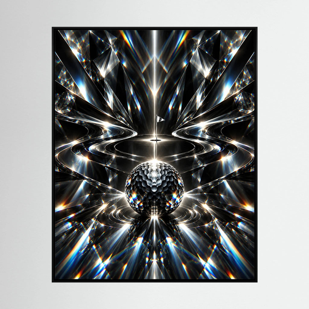 Crystal Links – quadro astratto di golf, forme cristalline prismatiche nere, argento e blu ghiaccio