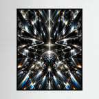 Crystal Links – quadro astratto di golf, forme cristalline prismatiche nere, argento e blu ghiaccio