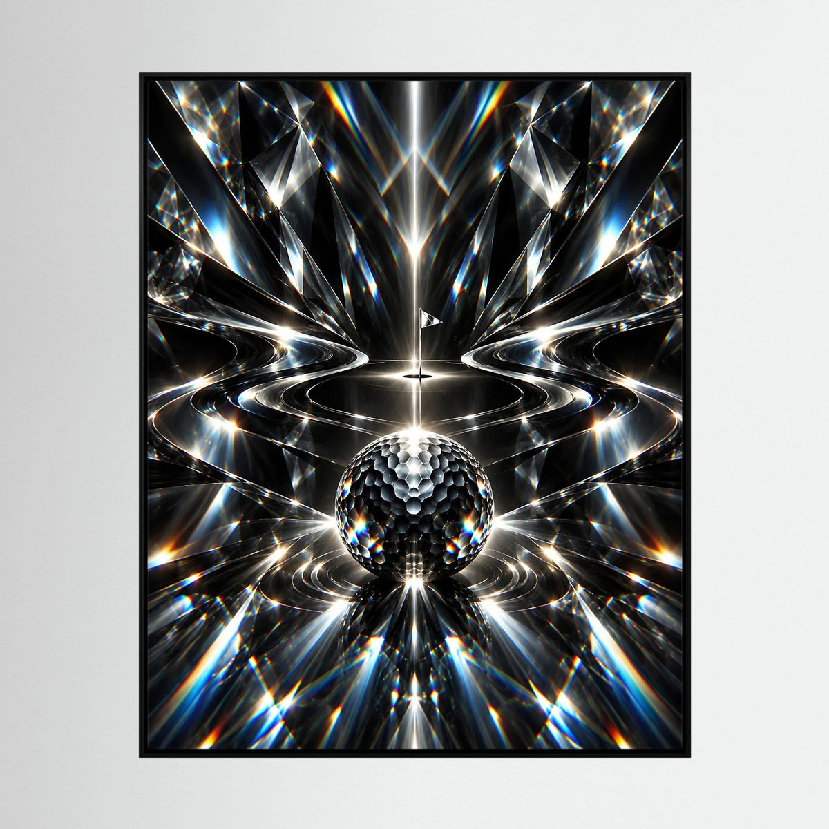 Crystal Links abstract golf wall art with prismatic black, silver and icy blue crystal forms