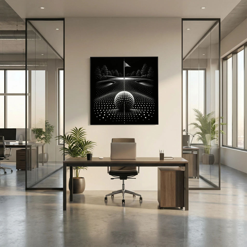 Dotted Fairway minimalist golf art framed canvas in white frame