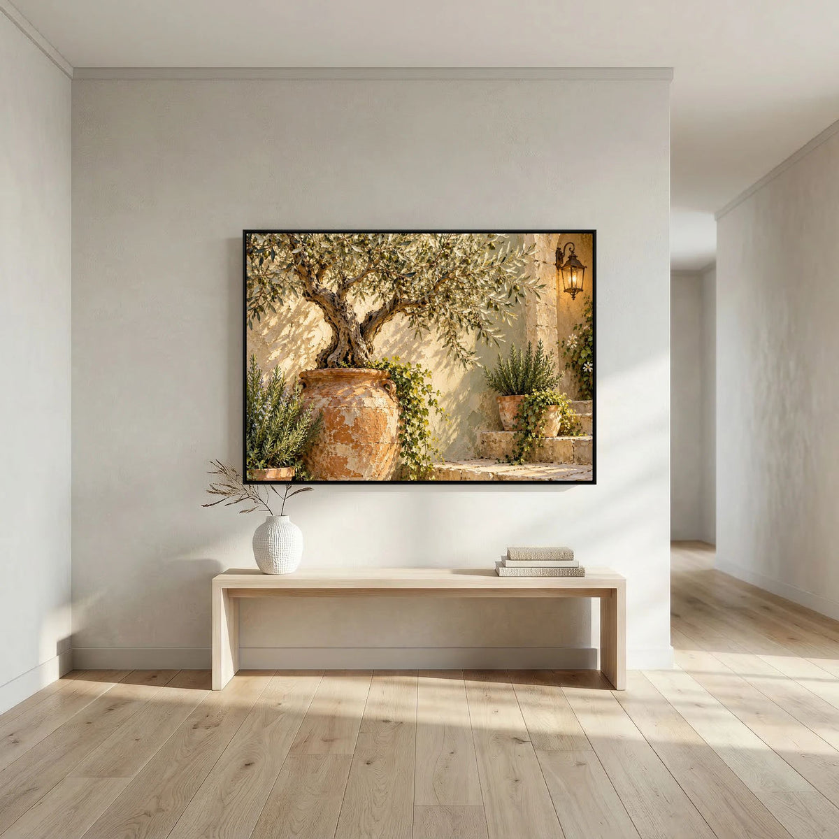 The Olive Courtyard — Drzewo oliwne w terakotowej donicy obok kamiennych schodów i latarni