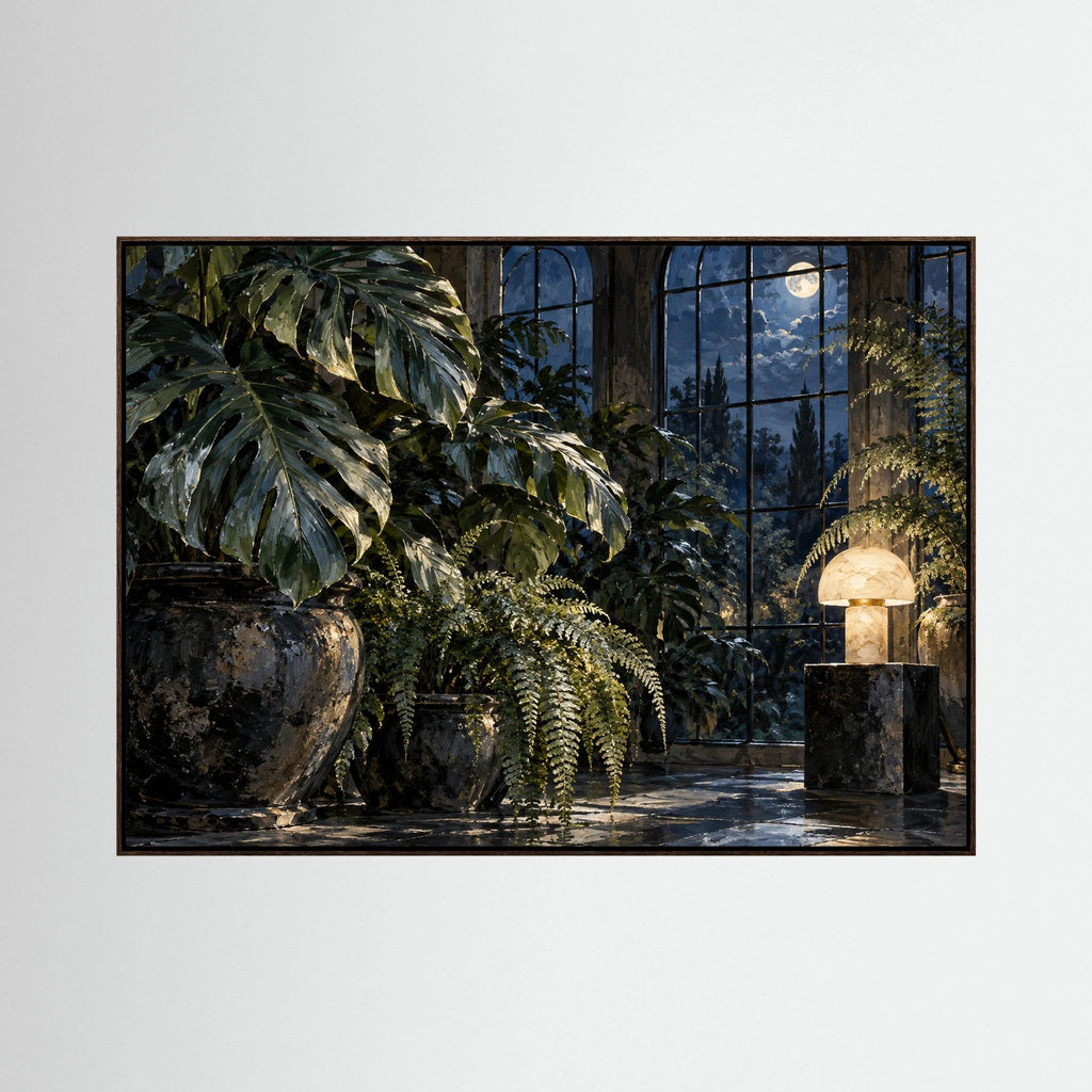 Moonlit Conservatory — Liście monstery i paprocie w oranżerii oświetlonej księżycem i lampą