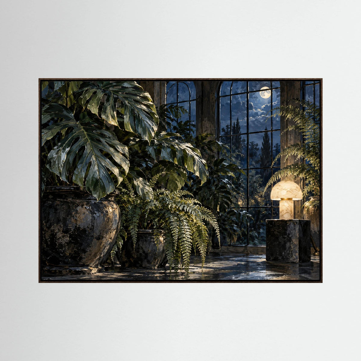 Moonlit Conservatory — Liście monstery i paprocie w oranżerii oświetlonej księżycem i lampą
