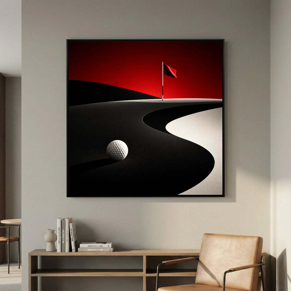 Crimson Dunes golf course painting framed canvas in white frame