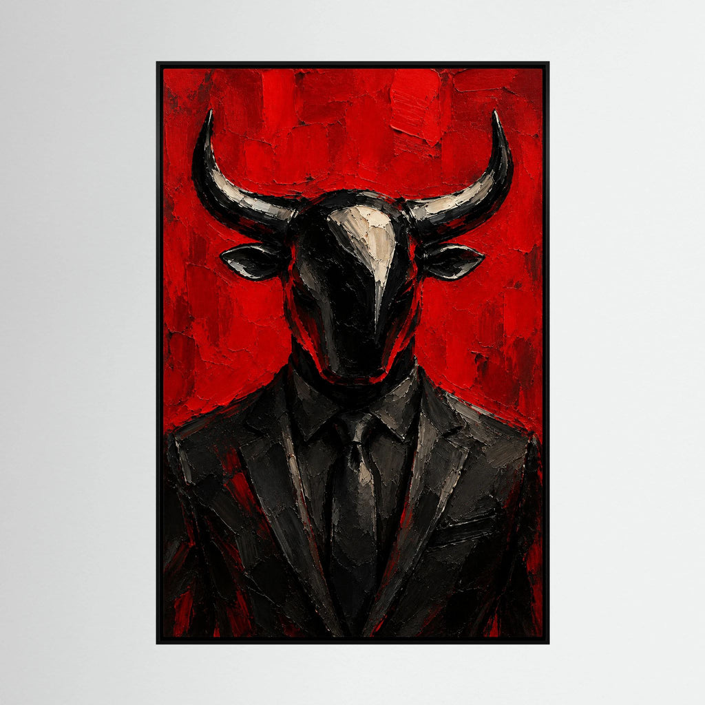Very Bullish abstract bull oil-style painting in red and black framed canvas