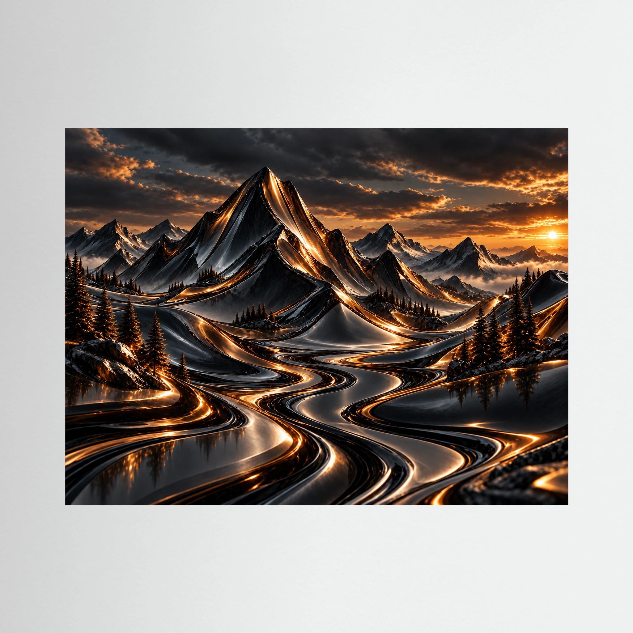 Golden Descent – Mountain Sunset Painting.