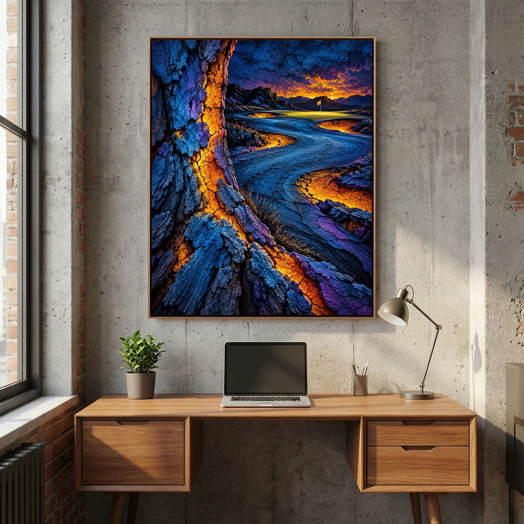Electric Fracture abstract golf wall art framed canvas in oak frame