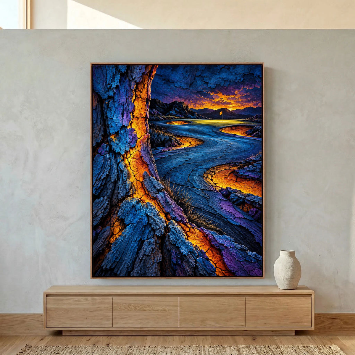Electric Fracture abstract golf wall art framed canvas in oak frame