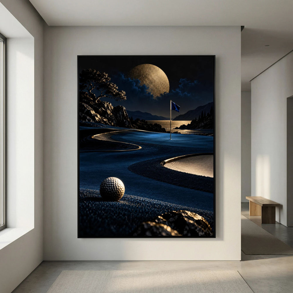 Moonlit Eighteen golf landscape painting framed canvas in black frame