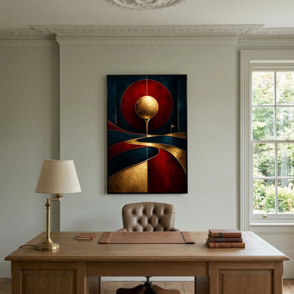 Crimson Tee luxury golf art framed canvas in black frame