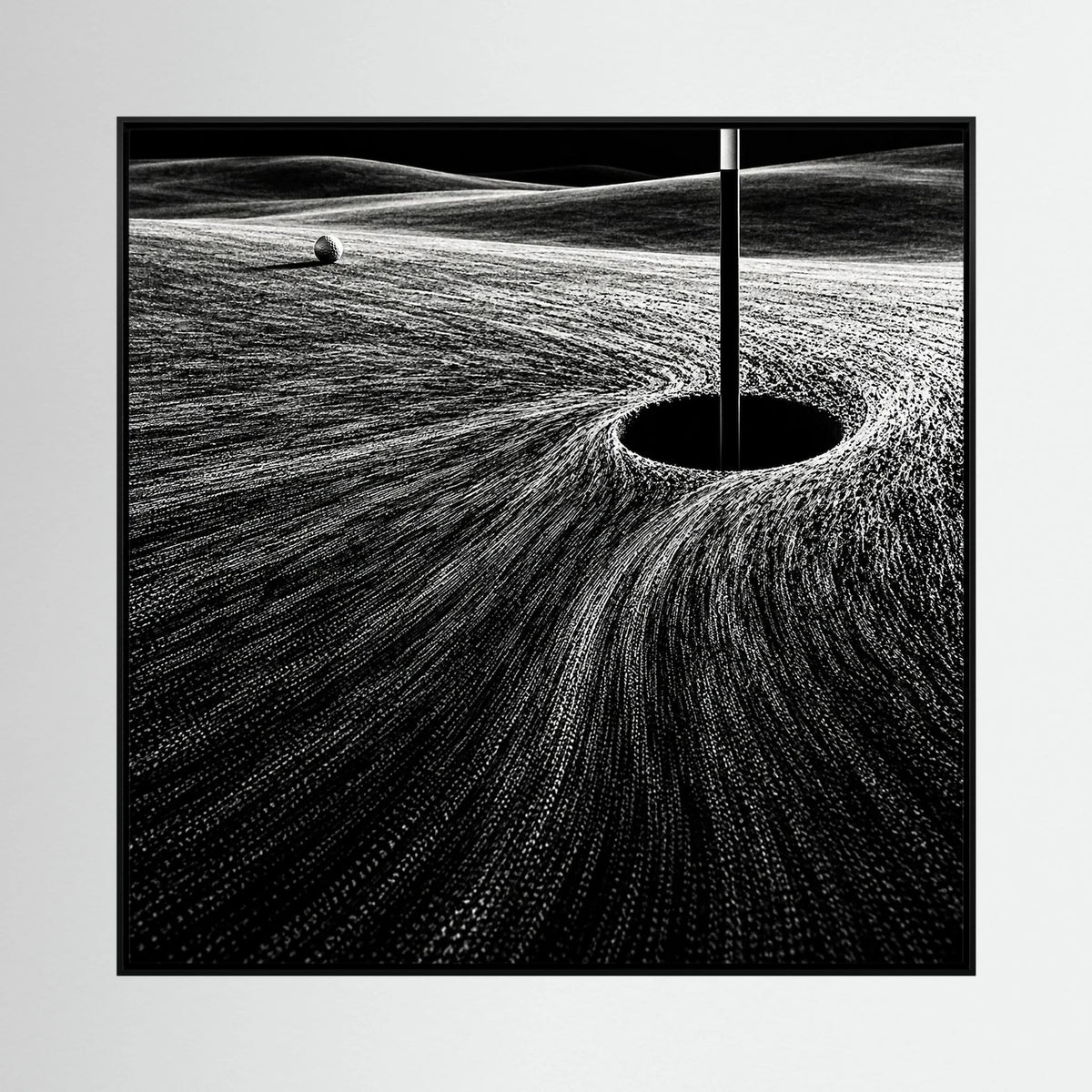 Black Green black and white golf art with a monochrome golf hole and sweeping textured green