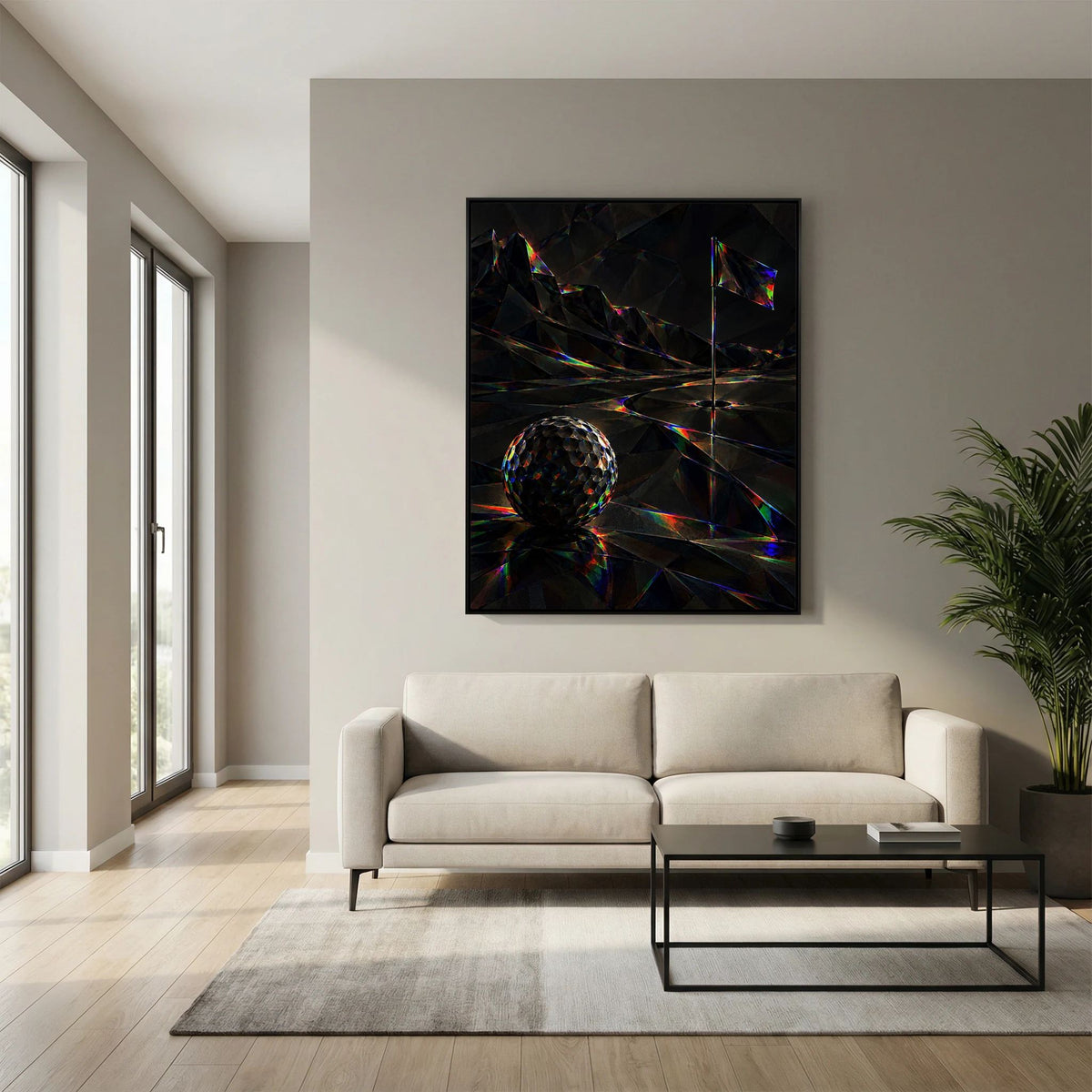 Prismatic Green contemporary golf art framed canvas in black frame