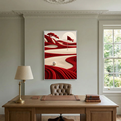 Crimson Course surreal golf art framed canvas in white frame