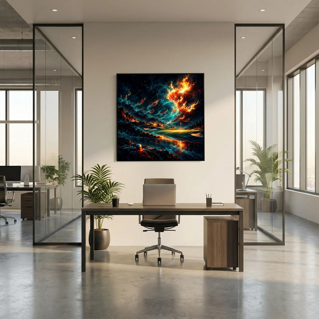 Nebula Fairway golf course art framed canvas in black frame