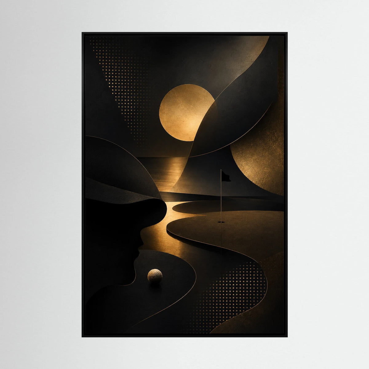 Noir Links luxury golf art with sculptural black and gold abstract forms inspired by the course