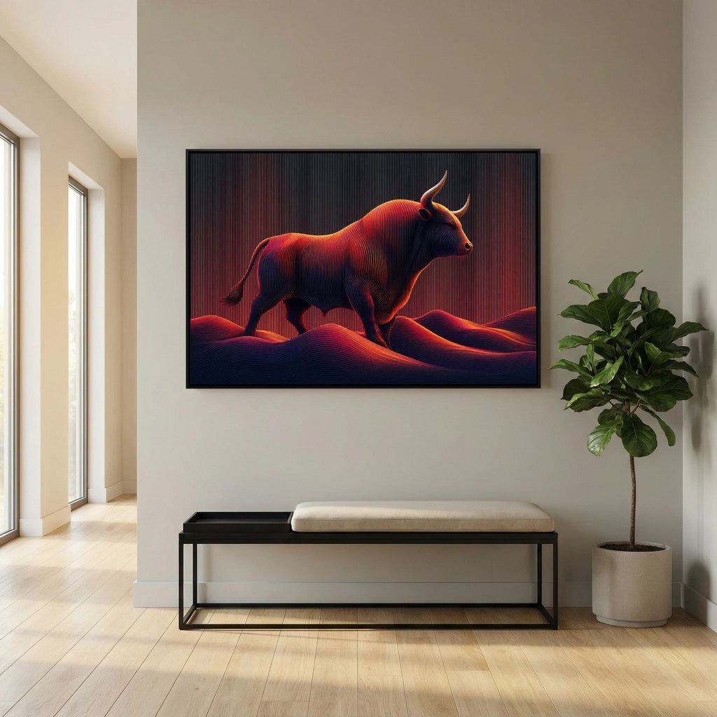 Neon Linework Bull in Flowing Landscape