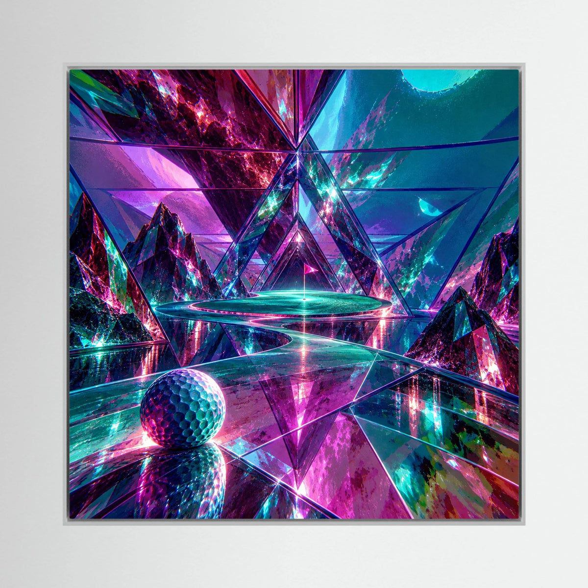 Neon Gateway abstract golf wall art with cyan, magenta and violet geometric portal lighting