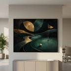Moonlit Passage – dipinto di paesaggio golfistico, tela con cornice in rovere scuro