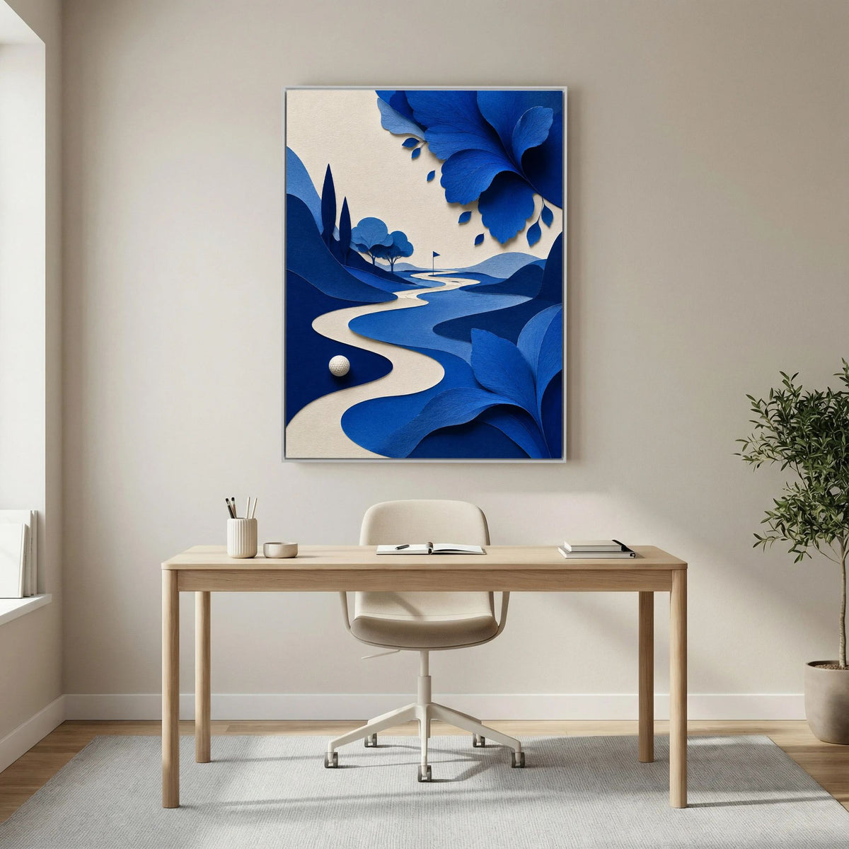 Blue Cut Fairway contemporary golf art framed canvas in white frame