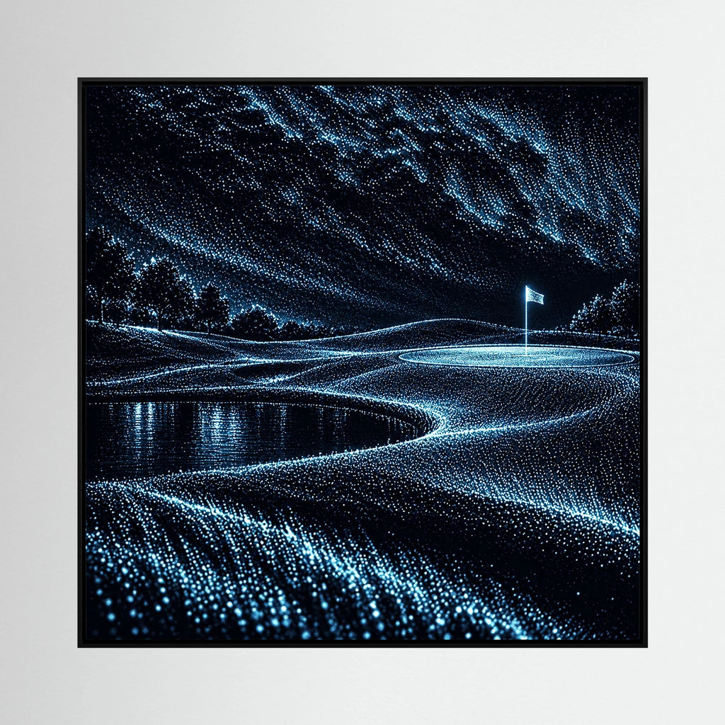 Electric Links abstract golf art with electric blue flowing fairway lines on black