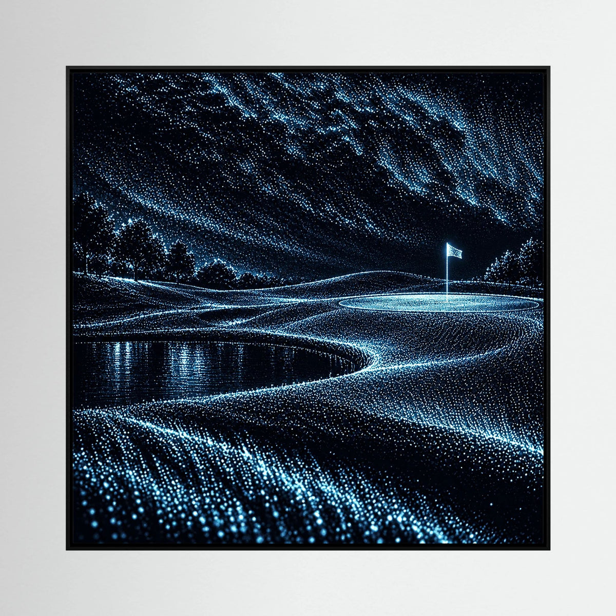 Electric Links abstract golf art with electric blue flowing fairway lines on black