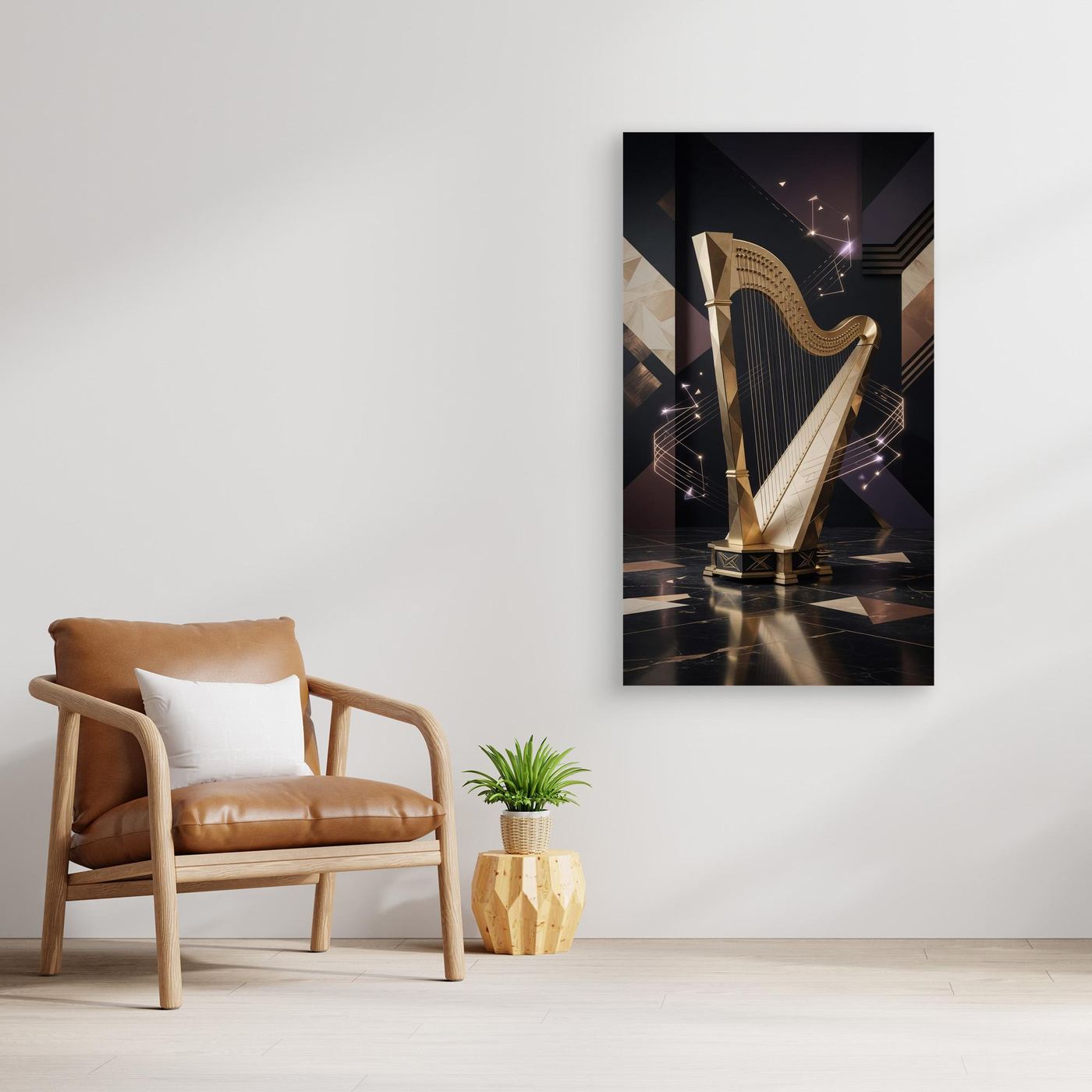 Golden Resonance – Geometric Harp Wall Art