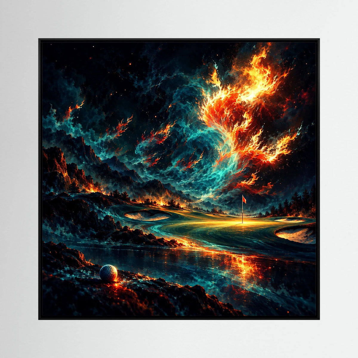 Nebula Fairway cosmic golf course art in midnight blue, black and fiery orange
